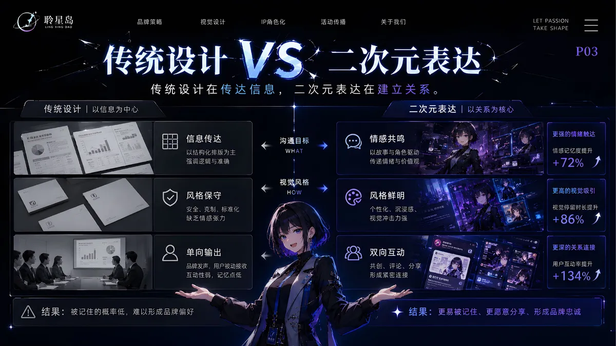 传统设计与二次元表达对比示意